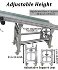 Inclined PVC Conveyor Belt System With Aluminum Frame, Motorized Drive, adjustable height, showing handwheel and support legs
