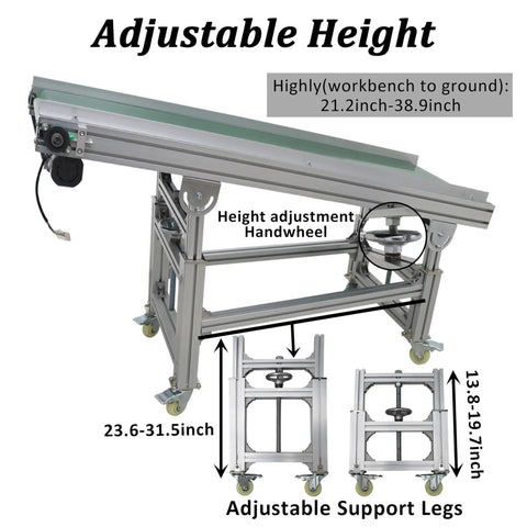 Inclined PVC Conveyor Belt System With Aluminum Frame, Motorized Drive, adjustable height, showing handwheel and support legs