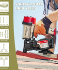 Professional Roofing Nail Gun With 15 Degree Mag For Fast Driving Of Full Head Coil Nails From 7 8 Inch To 1 3 4 Inches While Holding 120 Fasteners For Heavy Duty Feed Made For Smooth Shooting And Easy Handling Ready To Roll Without Breaking A Sweat in use on roofing shingles.