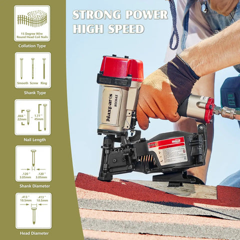 Professional Roofing Nail Gun With 15 Degree Mag For Fast Driving Of Full Head Coil Nails From 7 8 Inch To 1 3 4 Inches While Holding 120 Fasteners For Heavy Duty Feed Made For Smooth Shooting And Easy Handling Ready To Roll Without Breaking A Sweat in use on roofing shingles.