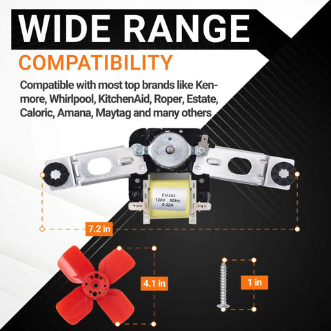 Upgraded 482731 Refrigerator Evaporator Fan Motor Kit for Whirlpool and Kenmore fridges, includes motor, fan, screws.