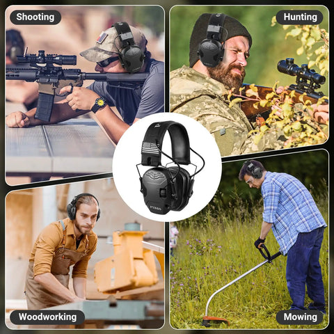 Four scenes showing Noise Reduction Ear Muffs With Gel Ear Pads 23dB NRR Slim Design For Gun Range And Hunting in different activities.