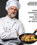 Chef holding 13.5 Inch Carbon Steel Wok Pan Pre Seasoned Flat Bottom Wok For Stir Fry Grilling BBQ Camping No Fuss Outdoor Cooking