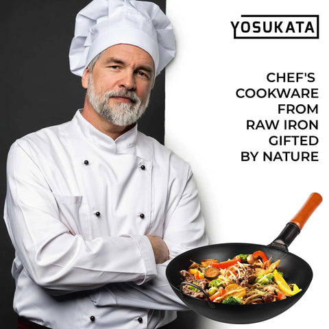 Chef holding 13.5 Inch Carbon Steel Wok Pan Pre Seasoned Flat Bottom Wok For Stir Fry Grilling BBQ Camping No Fuss Outdoor Cooking