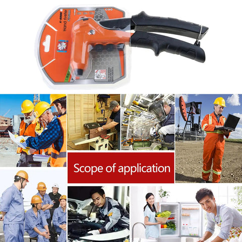 Heavy Duty Manual Pop Rivet Tool Kit with Ergonomic Rubber Coated Handle and Lockable Grip in packaging with usage scenarios