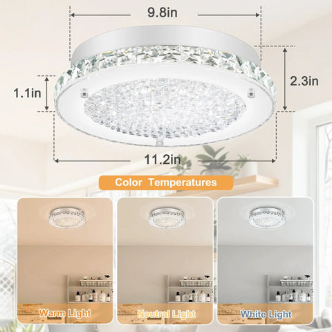 Crystal Ceiling Light Fixture LED Dimmable 11 Inch Flush Mount With 3 Color Temperatures 3000K 4000K 5000K display