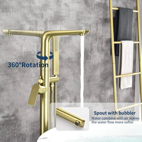 Freestanding Brushed Gold Tub Filler Faucet With Hand Shower And Swivel Spout Floor Mounted Brass Tub Faucet Solid Brass Construction