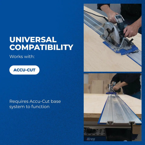Pro Level Circular Saw Track Extension Adds 50 Inches Slick Guide Rail For Dead On Cuts and Splinter Free Woodworking in use on wood.
