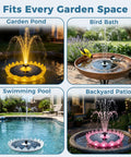 Six Point Three Inch Solar Bird Bath Fountain with Battery and LED Lights in garden pond, bird bath, pool, and patio setups