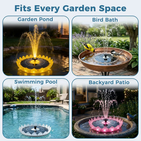 Six Point Three Inch Solar Bird Bath Fountain with Battery and LED Lights in garden pond, bird bath, pool, and patio setups