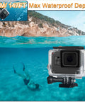 Ultra Durable Waterproof Housing Case For Action Camera Hero 5 6 7 Black, shown underwater with snorkeler, 131ft depth rated