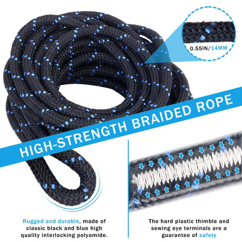 Heavy Duty Fifty Foot Vertical Lifeline Assembly With Rock Solid Alloy Steel Rope Grab And Shock Absorbing Lanyard For Roofer Fall Arrest Safety Kit Fully Osha Approved, braided black and blue polamide rope.