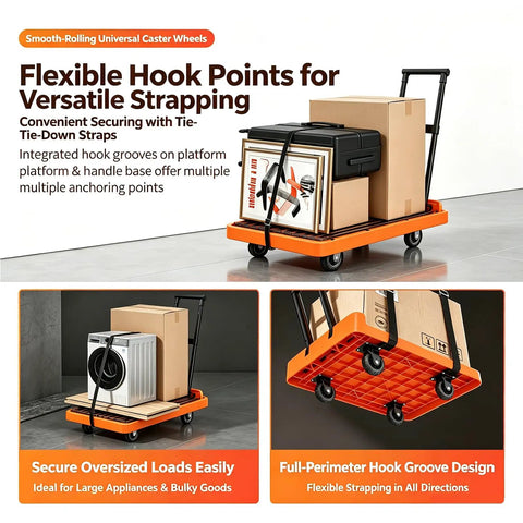Heavy Duty Foldable Push Cart Dolly Platform Truck With Telescopic Handle And Guard Rails 330 Lbs Capacity Flatbed To Cart In Seconds Perfect For Warehouse Garage Office Hotel Moves with boxes and strap grooves
