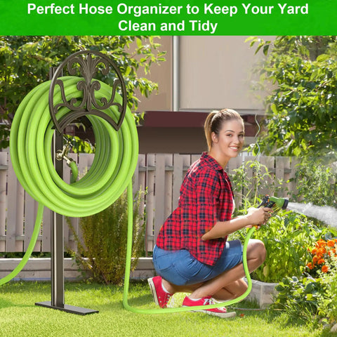 Heavy Duty Garden Hose Stand With Brass Faucet Detachable Hose Holder Freestanding Metal Reel in garden scene