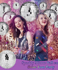 Must Have 50 Piece Silver Mirror Disco Ball Decor Set With Hanging Rings In Mixed Sizes 1.12 Inches, 2 Inches, 3.2 Inches, And 4 Inches