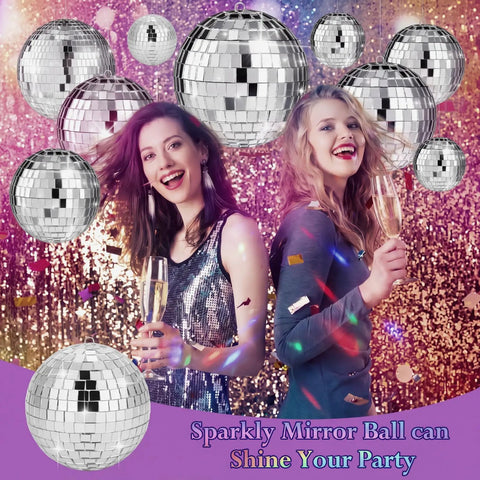 Must Have 50 Piece Silver Mirror Disco Ball Decor Set With Hanging Rings In Mixed Sizes 1.12 Inches, 2 Inches, 3.2 Inches, And 4 Inches