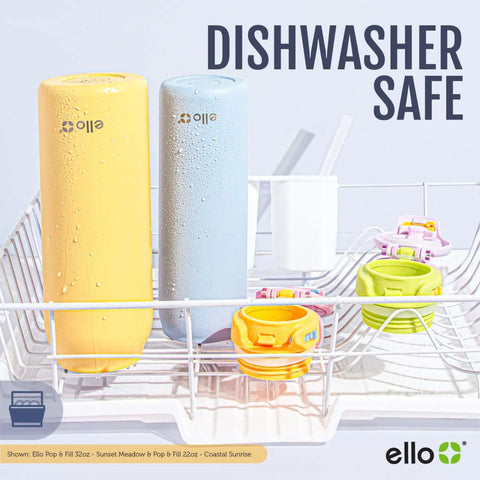 Pop And Fill 22oz Stainless Steel Water Bottle With Quick Fill Lid in dishwasher highlighting dishwasher safe feature.