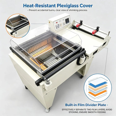 Game Changing Automatic Two In One Thermal Shrink Wrapping Machine With L Bar Sealer And Heat Tunnel For POF And PVC Film 3800W with plexiglass cover.