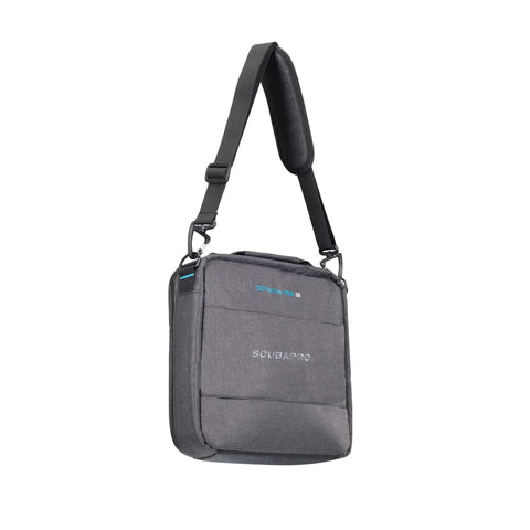 Durable Scuba Gear Bag With Adjustable Shoulder Strap And Top Handle For Travel And Dive Days Premium Recycled Gray Fabric With Blue Accents Rainproof Zippers Front Zip Pocket And Inside Mesh Pocket