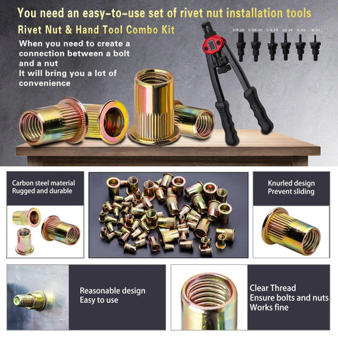Pressure Rivet Nut Tool Kit, 770-Piece Imperial Set with tools and nuts shown in detailed view on wood surface