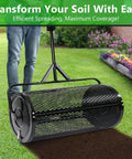 No Brainer 44 Inch Push And Tow Compost Spreader With Durable Powder Coated Metal Mesh Roller for lawn care in use on grass