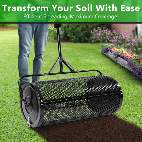 No Brainer 44 Inch Push And Tow Compost Spreader With Durable Powder Coated Metal Mesh Roller for lawn care in use on grass