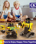 LECPOP 5-in-1 STEM robotics building kit, 430-piece yellow RC excavator robots, two models on the floor with kids