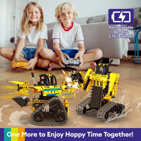 LECPOP 5-in-1 STEM robotics building kit, 430-piece yellow RC excavator robots, two models on the floor with kids