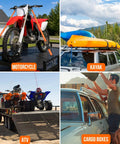 Rock Solid 15 Ft Ratchet Straps 4 Pack 1 Inch Wide securing motorcycle, kayak, ATV, and cargo boxes on trucks and trailers.