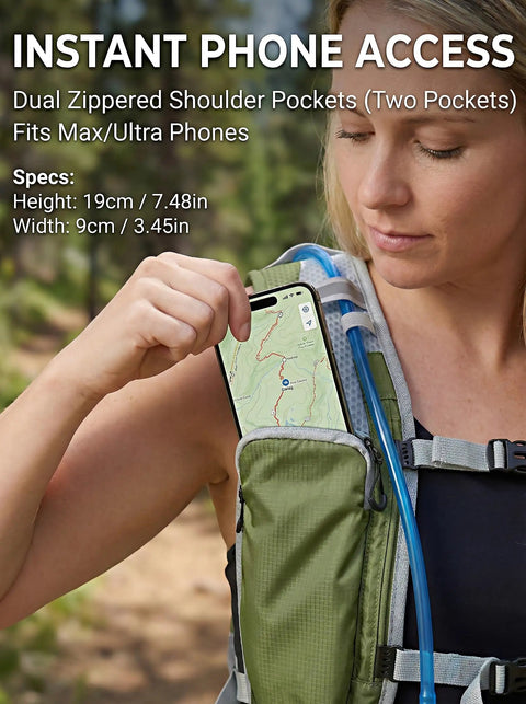 2L Hydration Pack with zipper phone pocket on shoulder strap, lightweight daypack for cycling and running, close-up view