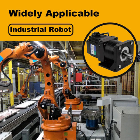 Industrial robot assembly line with Nema 23 stepper motor brackets for precise motion in manufacturing.