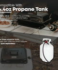 GPT 25 Propane Burner Grill With Foldable Legs For Camping And Tailgate Ready Portable BBQ Grill With Adjustable Regulator shown on a table with a propane tank.