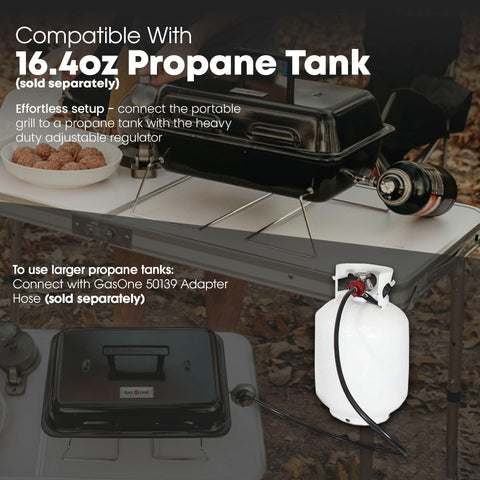 GPT 25 Propane Burner Grill With Foldable Legs For Camping And Tailgate Ready Portable BBQ Grill With Adjustable Regulator shown on a table with a propane tank.