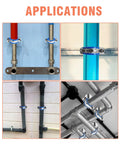 Two 304 stainless steel pipe supports with blue clamps for 25–27mm OD pipes; wall and ceiling mount views