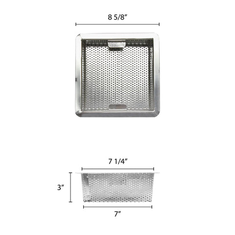 Top and side view of Floor Drain Strainer Square 8-1/2 By 8-1/2 By 3 Inches, Stainless Steel 304 0.8mm Thick, in silver finish.