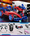 Remote control monster truck toy, red and blue, 1:12 scale, 2.4GHz, with lights and music; includes remote and batteries