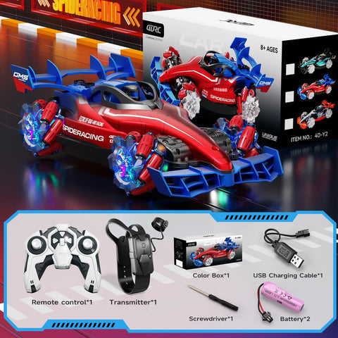 Remote control monster truck toy, red and blue, 1:12 scale, 2.4GHz, with lights and music; includes remote and batteries