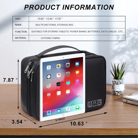 Waterproof Double Layer Electronics Organizer Bag For Cables Chargers Power Banks Adapters USB Cables Kindle Hard Drives And More Portable Travel Case On The Go With Adjustable Dividers displaying size and tablet compatibility.