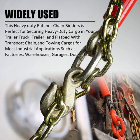 Close-up of 3/8 to 1/2 inch drop forged ratchet load binders with 3/8 grab hook and 1/2 slip hook in use, G70 grade, for trailers.
