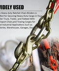 Close-up of Heavy Duty 3/8 To 1/2 Inch Chain Binder Set with 20 Foot 3/8 G70 Transport Chain and grappling hook ends in use.