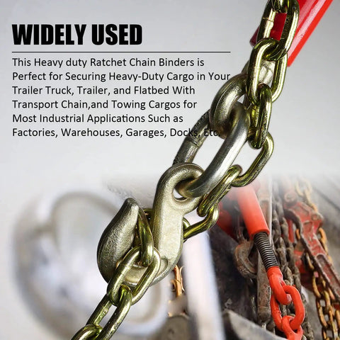 Close-up of Heavy Duty 3/8 To 1/2 Inch Chain Binder Set with 20 Foot 3/8 G70 Transport Chain and grappling hook ends in use.