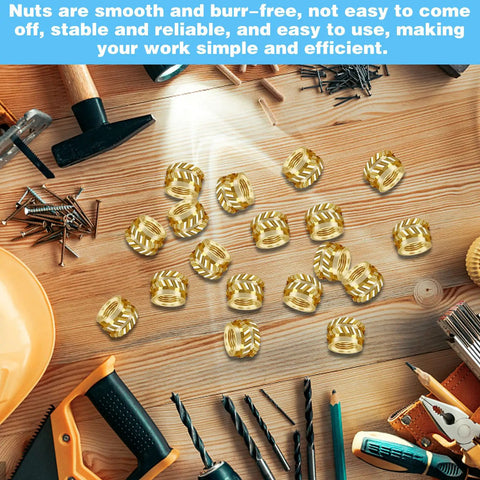 M3 Heat Set Brass Threaded Inserts For Plastic on wooden table with tools, used for 3D printing and automotive plastic shells.