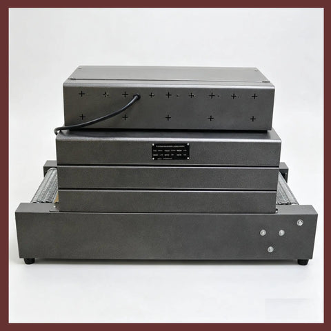 Heavy Duty 220V Heat Shrink Tunnel Machine with Continuous Net Conveyor for POF PVC Film Packaging, industrial-grade with quartz IR heating.