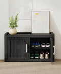 All-Weather Resin Outdoor Shoe Storage Cabinet With Barn Doors And Entryway Bench No Fuss Waterproof And UV Resistant Indoor Outdoor Use Adjustable Shelves For Entryway Hallway Bedroom Or Living Room Black, displayed with shoes and decor.