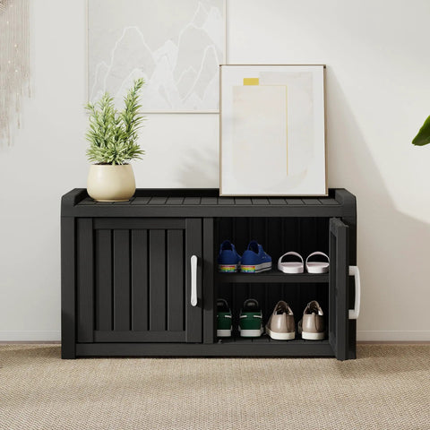 All-Weather Resin Outdoor Shoe Storage Cabinet With Barn Doors And Entryway Bench No Fuss Waterproof And UV Resistant Indoor Outdoor Use Adjustable Shelves For Entryway Hallway Bedroom Or Living Room Black, displayed with shoes and decor.