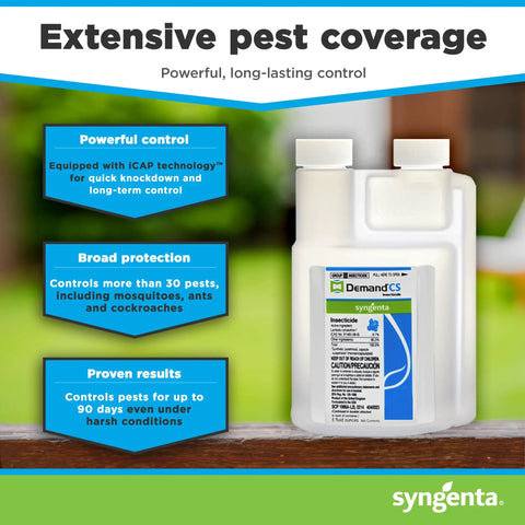 Demand CS Insecticide Concentrate Water Based Indoor And Outdoor Pest Control For Spiders Ants Flies Wasps Fleas Ticks And Bed Bugs 8 Oz Bottle Makes 8 To 40 Gallons displayed with product features