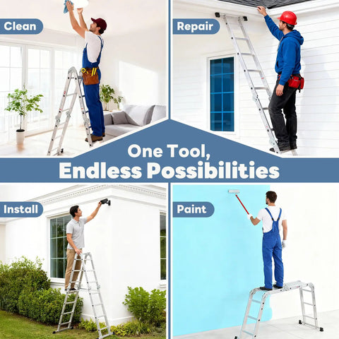 Lightweight Folding Ladder For Home And Outdoors Extendable A Frame Step Ladder With Sturdy Locking Joints Anti Slip Feet, aluminum A-frame ladder used for clean, repair, install and paint tasks.