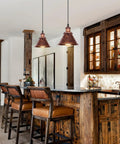 Industrial Pendant Light For Kitchen Island And Dining Room, Farmhouse Vintage Hanging Fixture With Barn Dome Lampshade above rustic island.