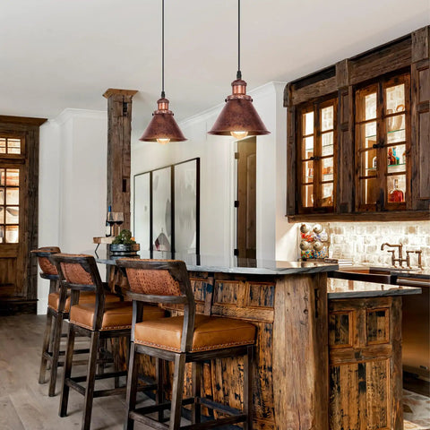 Industrial Pendant Light For Kitchen Island And Dining Room, Farmhouse Vintage Hanging Fixture With Barn Dome Lampshade above rustic island.