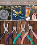 4 Piece Jewelry Pliers Set For Beading And Jewelry Making Including Needle Nose Pliers, Round Nose Pliers, Bent Nose Pliers And Wire Cutter Handy Tools Kit For Bracelet Craft, Wire Wrapping, And DIY Jewelry on a wooden surface with examples of craft projects like lanyards and earrings.